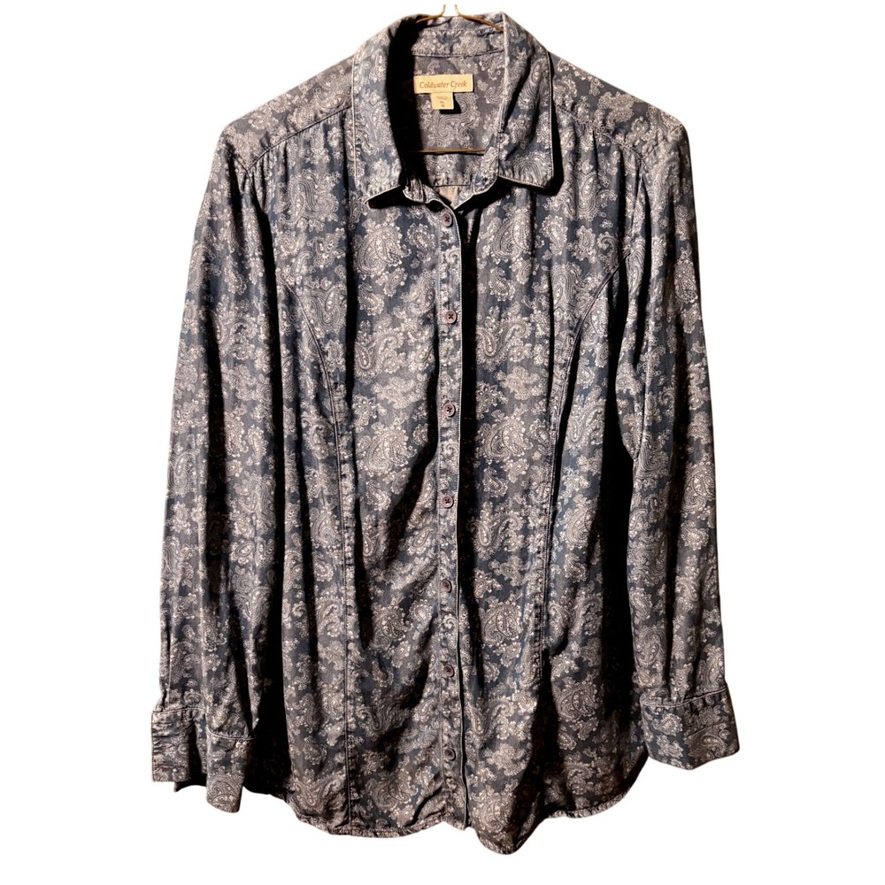Coldwater Creek Button Up Shirt Womens XL Blue Paisley Excellent Tencel Boho